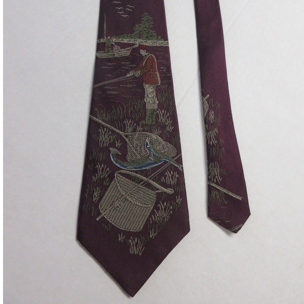 NAUTICA Burgundy Fishing Novelty Silk Tie Fisherman Net Creel USA Made VTG Y2K